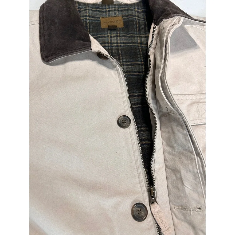 Vintage St. Johns Bay Field Jacket Tan Canvas‎ Corduroy Collar Plaid Lined Large